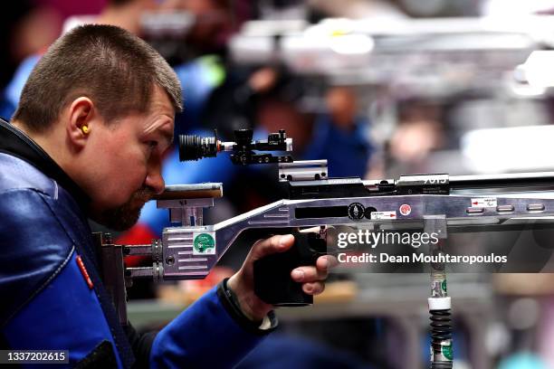 Vasyl Kovalchuk of Team Ukraine competes in the R4 - Mixed 10m AR or Air Rifle Standing SH2 Final on day 6 of the Tokyo 2020 Paralympic Games at...