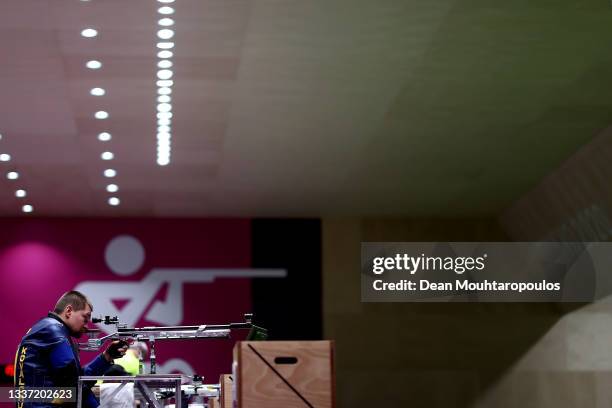 Vasyl Kovalchuk of Team Ukraine competes in the R4 - Mixed 10m AR or Air Rifle Standing SH2 Final on day 6 of the Tokyo 2020 Paralympic Games at...