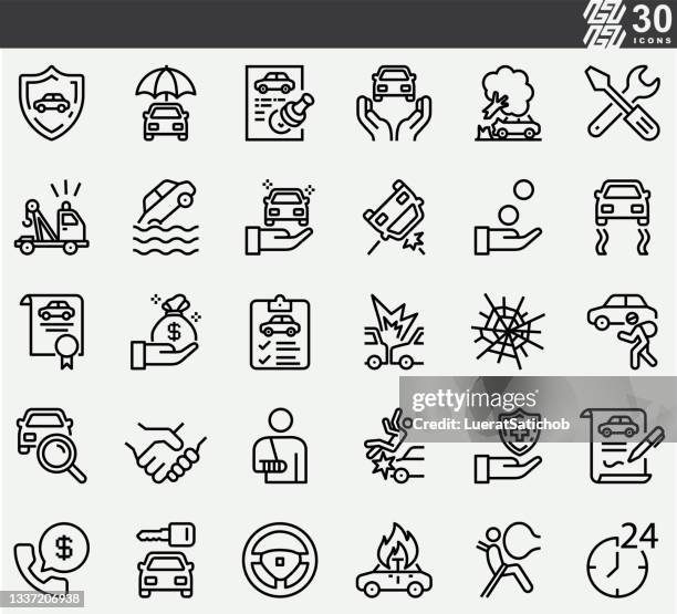 bildbanksillustrationer, clip art samt tecknat material och ikoner med car insurance , accident line icons - inbrottslarm