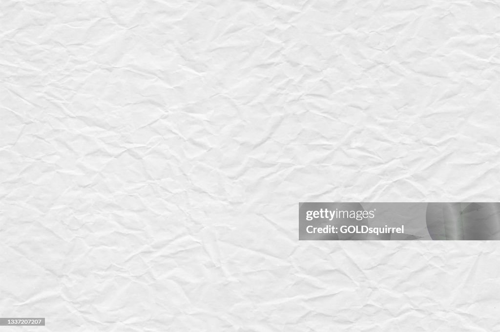 Flat seamless crumpled paper card in white with realistic wrinkles light and shadows - abstract vector illustration with visible natural imperfection - original graphic template with unstretched ruffles