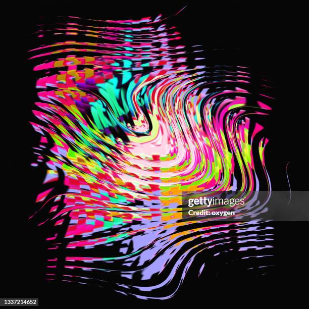abstract distorted glitch striped wave shape on black background. geometric multicolor futuristic art - morphing bildbanksfoton och bilder