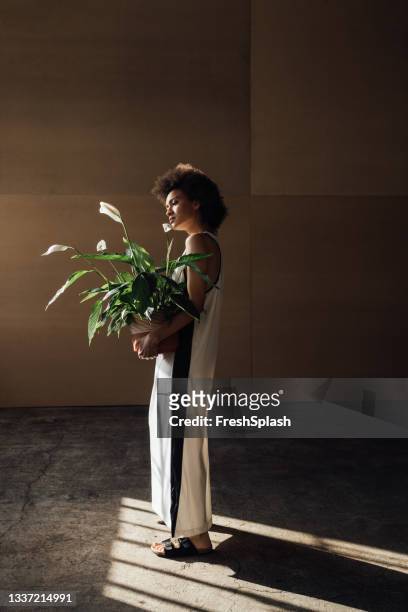 vertical full length shot of a beautiful african american woman holding a houseplant (spathiphyllum) - spathiphyllum stock pictures, royalty-free photos & images