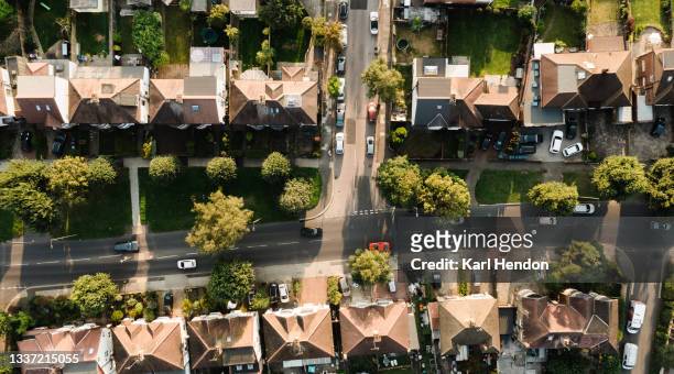 an aerial view of urban streets in london - stock photo - vue subjective de drone photos et images de collection