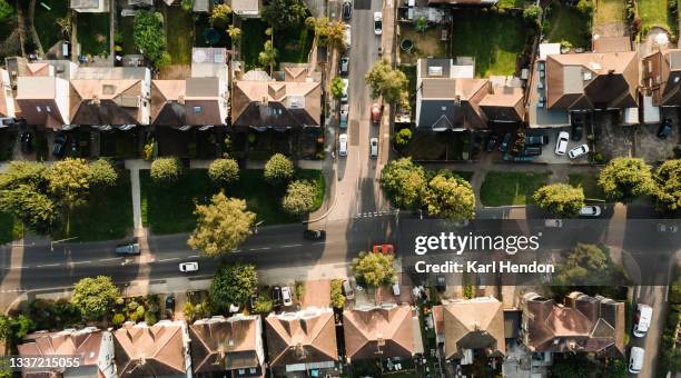 an aerial view of urban streets in london - stock photo - ponto de vista de drone imagens e fotografias de stock