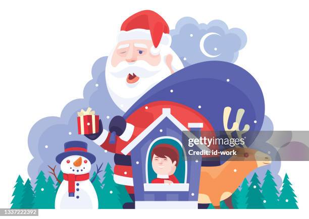 santa claus holding christmas present standing behind house and kid - hide smile stock illustrations