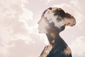 Psychology concept. Sunrise and woman silhouette head
