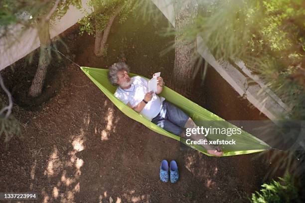 man reading book on a hammock - backyard hammock stock pictures, royalty-free photos & images