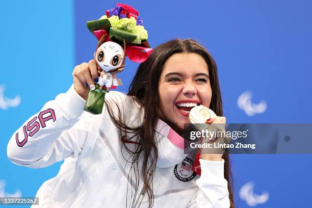 Bronze medalist Anastasia Pagonis of Team United States poses in the podium of Women's 200m Individual Medley - SM11 on day 6 of the Tokyo 2020...