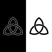 Triquetra symbol icon. Celtic sign in black color with white outline. Protective amulet for witches. Esoteric , witchcraft, sacred geometry. Isolated vector illustration  on white and black background