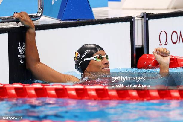 Silver medalist Teresa Perales of Team Spain reacts after Women's 50m Backstroke - S5 on day 6 of the Tokyo 2020 Paralympic Games at Tokyo Aquatics...