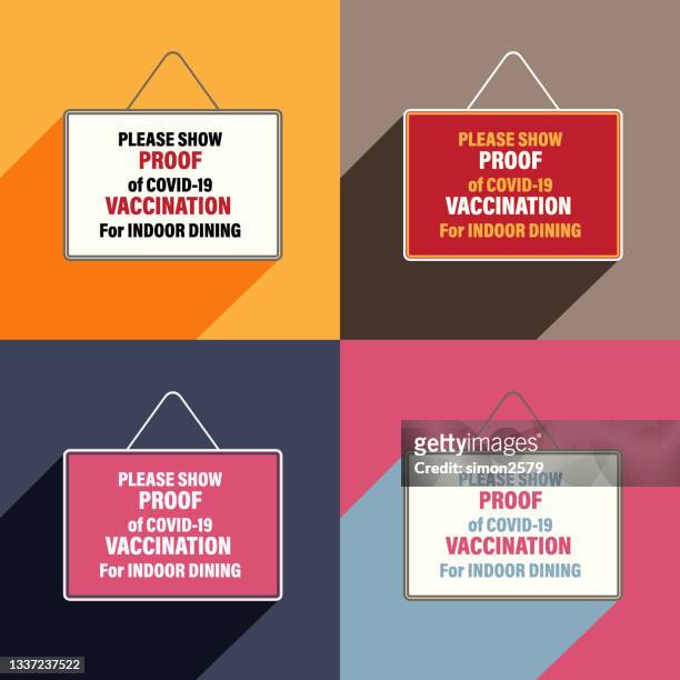 please show proof of covid-19 vaccination for indoor dinning signage set - open sign stock illustrations