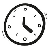 Hand drawn clock and alarm icon in doodle style isolated