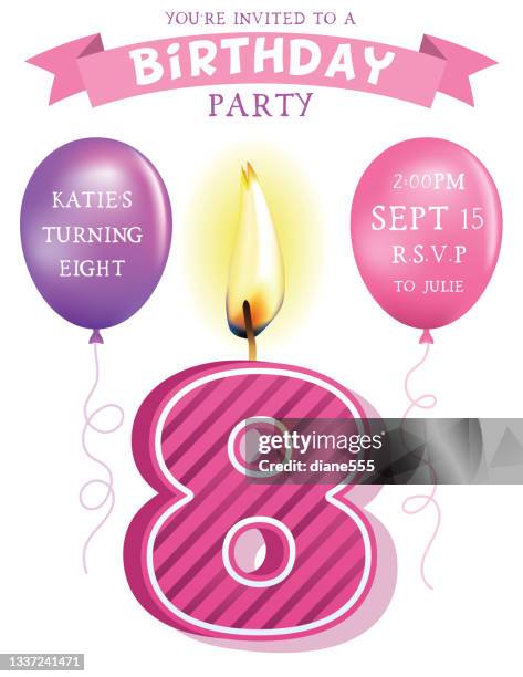 8th birthday candle party invitation - eighthth stock illustrations