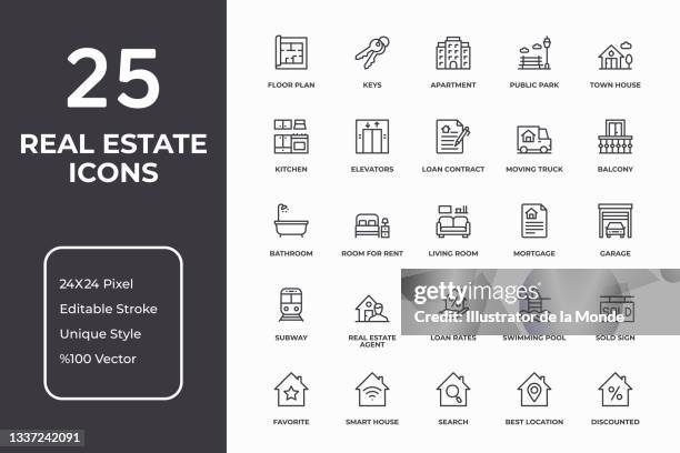 real estate thin line icons - new home 幅插畫檔、美工圖案、卡通及圖標