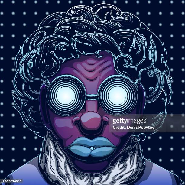 cartoon vector portrait - man with afro hairstyle wearing round sunglasses. - face snow stock illustrations