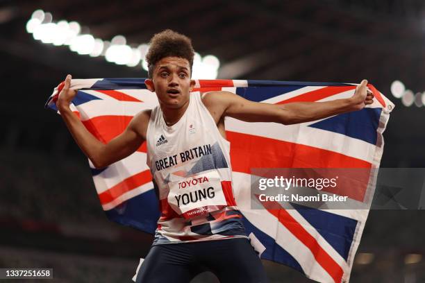Thomas Young of Team Great Britain celebrates after winning gold in the Men’s 100m - T38 Final on day 4 of the Tokyo 2020 Paralympic Games at Olympic...