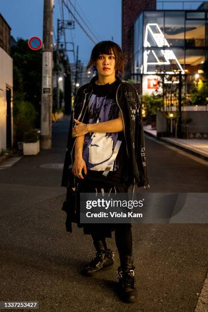 Hiroto is seen wearing Faith connexion jacket, comme des garcons pants and shoes, during the Rakuten Fashion Week Tokyo 2022 Spring/Summer on August...