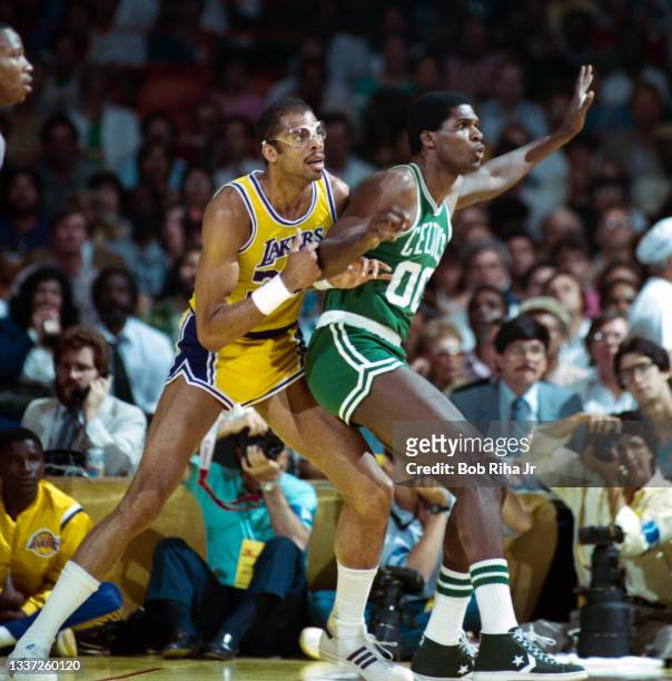 Los Angeles Lakers Kareem Abdul-Jabbar battles Boston Celtics Robert Parish during 1985 NBA Finals between Los Angeles Lakers and Boston Celtics,...