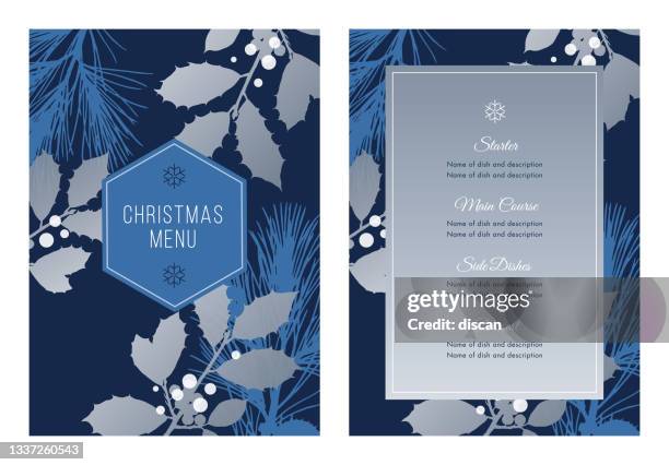 weihnachtsmenü mit weißen evergreen silhouetten. - speisekarte stock-grafiken, -clipart, -cartoons und -symbole