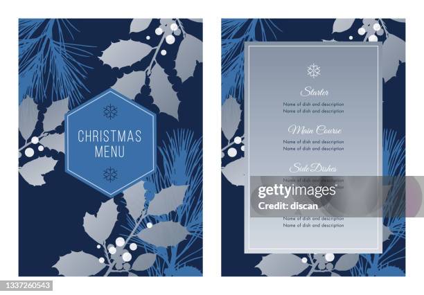 weihnachtsmenü mit weißen evergreen silhouetten. - menu christmas stock-grafiken, -clipart, -cartoons und -symbole