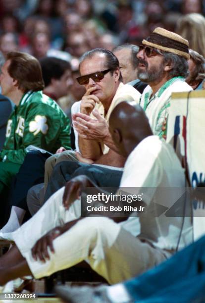 Actor Jack Nicholson sits court side during 1985 NBA Finals between Los Angeles Lakers and Boston Celtics, June 2, 1985 in Inglewood, California.