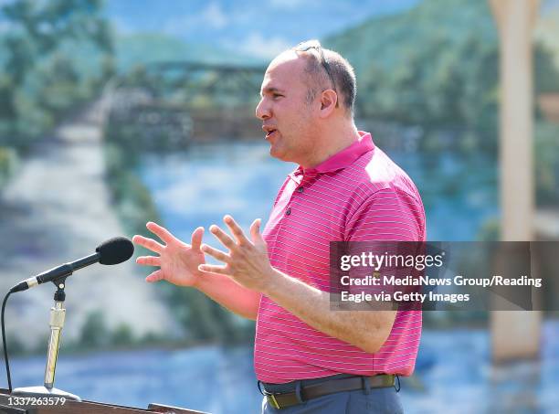 Hamburg, PA Berks County Commissioner Michael Rivera speaks during the press conference. In Hamburg, PA along State Street Thursday morning August...