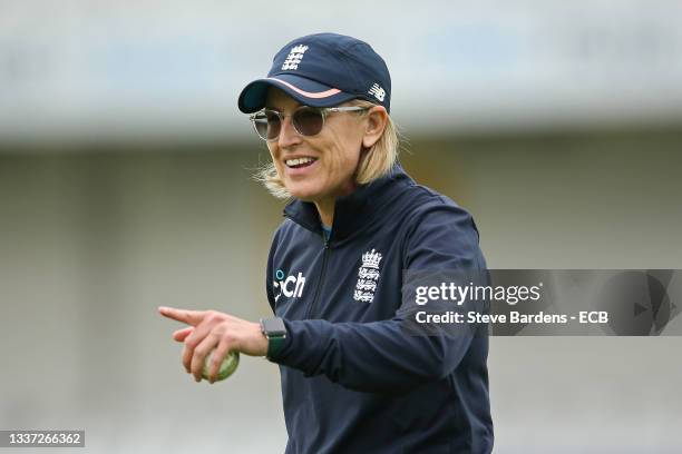 Head coach of the England Women's T20 team Lisa Keightley looks on during an England Women's training session at Cloudfm County Ground on August 30,...