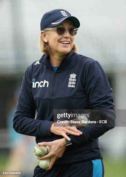Head coach of the England Women's T20 team Lisa Keightley looks on during an England Women's training session at Cloudfm County Ground on August 30,...