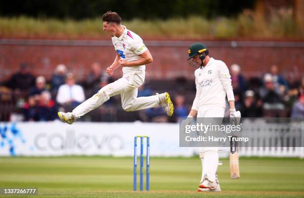 Tom Abell of Somerset celebrates after taking the wicket of Lyndon James of Nottinghamshire during Day One of the LV= County Championship match...