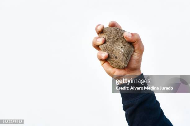 man's hand holding a stone to be thrown at a victim of the execution sentence by stoning. - arremessar imagens e fotografias de stock