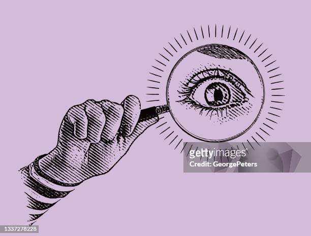 hand holding magnifying glass with large eye - 放大 幅插畫檔、美工圖案、卡通及圖標