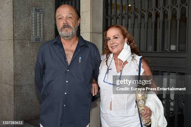 Miguel Morales and his wife, Fedra Lorente, go to Shaila Durcal's house to celebrate her 42nd birthday on August 28th, 2021 in Madrid, Spain.