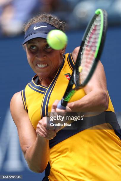 Madison Keys of the United States returns against Sloane Stephens of the United States during their woman's singles first round match on Day One of...