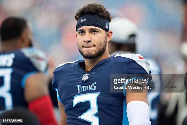 Caleb Farley of the Tennessee Titans warms up before a NFL Preseason game against the Chicago Bears at Nissan Stadium on August 28, 2021 in...