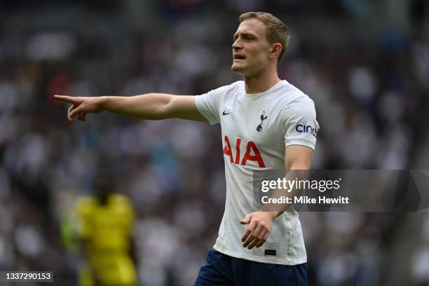 Oliver Skipp of Tottenham Hotspur gestures during the Premier League match between Tottenham Hotspur and Watford at Tottenham Hotspur Stadium on...