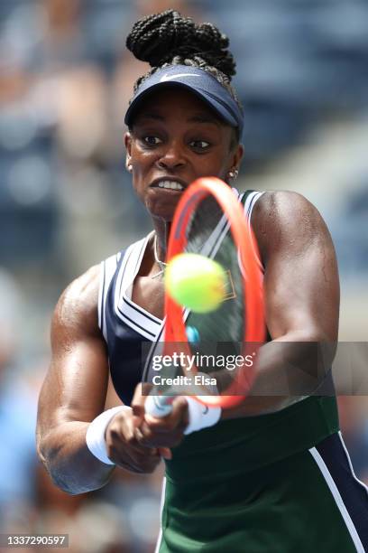 Sloane Stephens of the United States returns against Madison Keys of the United States during their woman's singles first round match on Day One of...