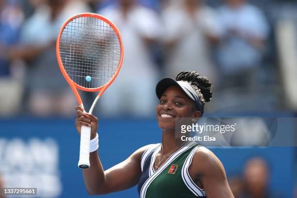 Sloane Stephens of the United States celebrate after defeating Madison Keys of the United States during their woman's singles first round match on...