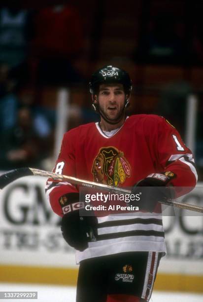 March 23: Denis Savard of the Chicago Blackhawks follows the action in the game between the Chicago Blackhawks vs The New Jersey Devils at the...