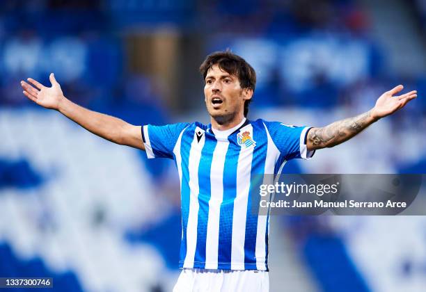 David Silva of Real Sociedad reacts during the La Liga Santander match between Real Sociedad and Levante UD at Reale Arena on August 28, 2021 in San...