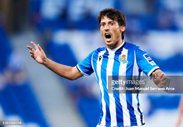 David Silva of Real Sociedad reacts during the La Liga Santander match between Real Sociedad and Levante UD at Reale Arena on August 28, 2021 in San...