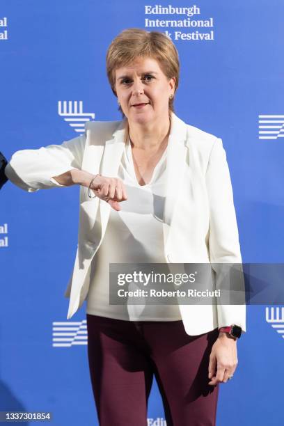 First Minister of Scotland Nicola Sturgeon attends a photocall at Edinburgh College of Art during the Edinburgh International Book Festival 2021 on...