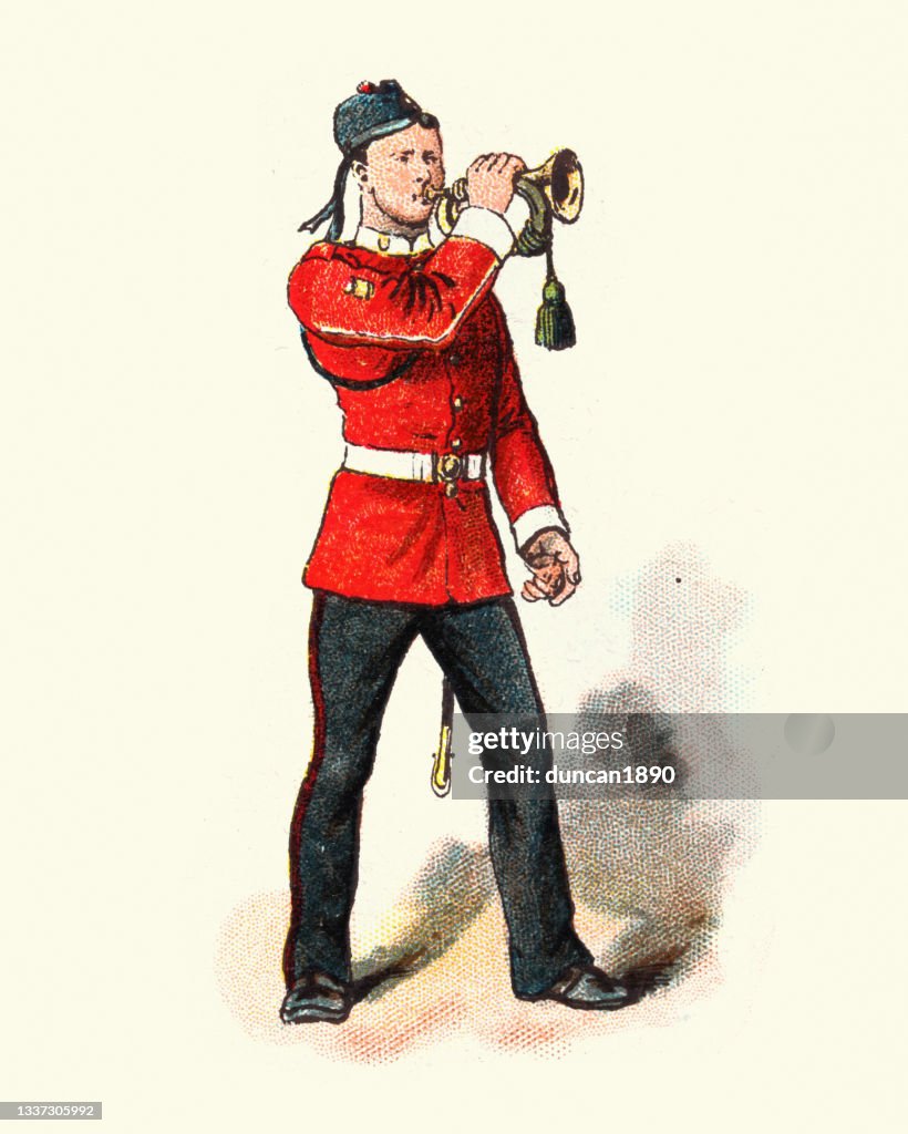 Army bugler sounding the bugle, Victorian British Military 19th Century