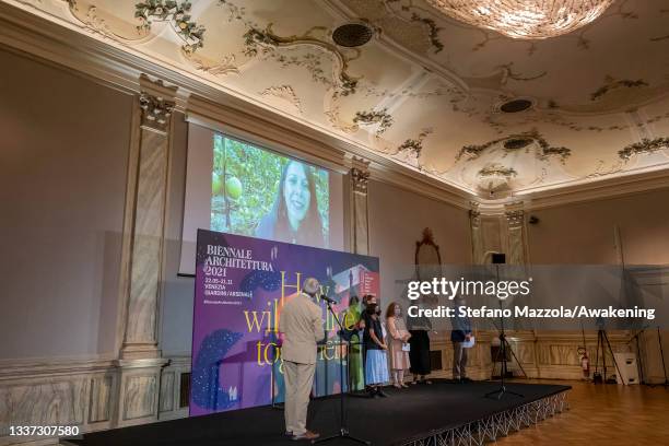 General view of atmosphere at the awards ceremony at the 17th. International Architecture Exhibition on August 30, 2021 in Venice, Italy. The Golden...