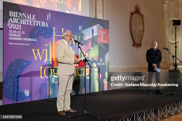 General view of atmosphere at the awards ceremony at the 17th. International Architecture Exhibition on August 30, 2021 in Venice, Italy. The Golden...