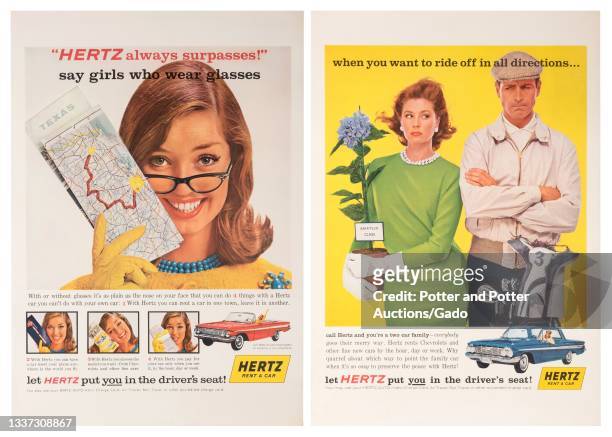 Two Hertz rental car travel posters, advertising rental cars for singles and couples, designed by Hunter for The Hertz Corporation, 1965.