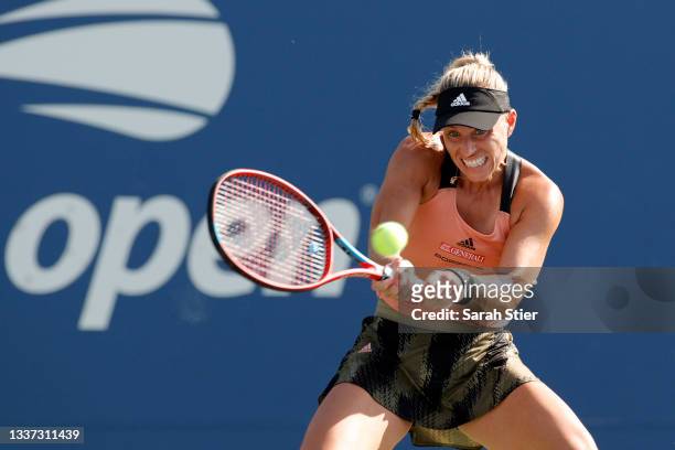 Angelique Kerber of Germany returns against Dayana Yastremska of the Ukraine during their women's singles first round match on Day One of the 2021 US...