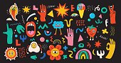 Big Set of Different colored Vector illustrations in Cartoon Flat design. Hand drawn Abstract shapes, funny cute