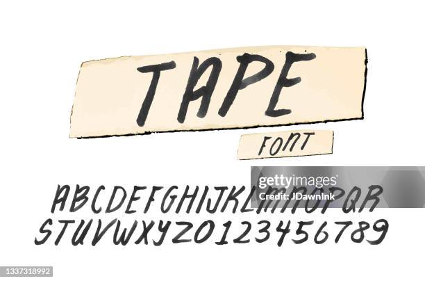 stockillustraties, clipart, cartoons en iconen met masking tape with black marker handwriting font design includes capital letters and numbers alphabet set - typo