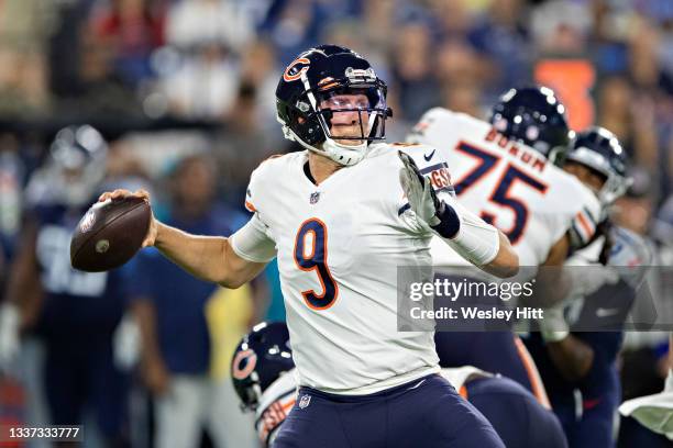 Nick Foles of the Chicago Bears throws a pass during a NFL Preseason game against the Tennessee Titans at Nissan Stadium on August 28, 2021 in...