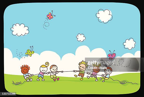 illustrations, cliparts, dessins animés et icônes de heureux enfants jouant l'été, illustration de dessin animé printemps vert nature - cour de récréation